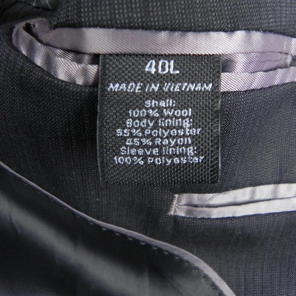 Marc Anthony Suit Jacket Mens 40L Black Pinstripe 100% Wool 2 Button Blazer Coat